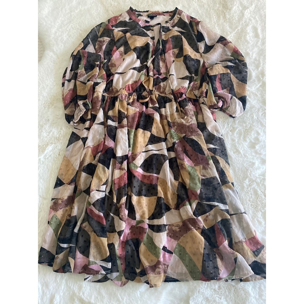 Torrid Mini Clip Keyhole‎ Dress Abstract Print Tie Neck 3/4 Sleeve Chiffon Lined - Picture 3 of 13